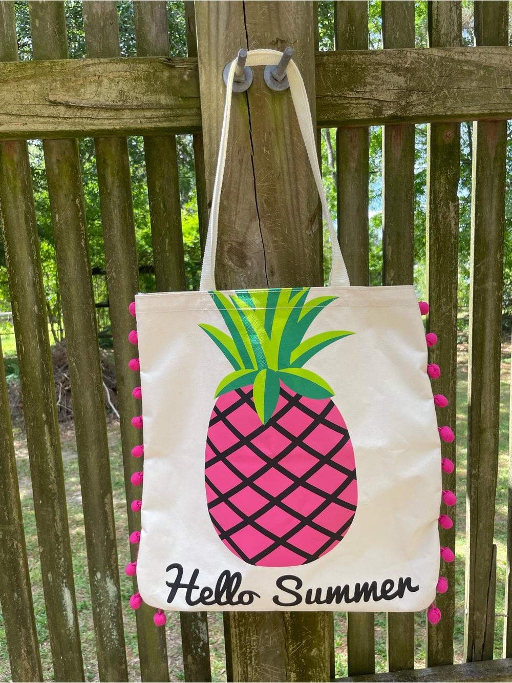 Canvas Tote Bag with Pink Pineapple and Pom-Pom Trim - Hello Summer